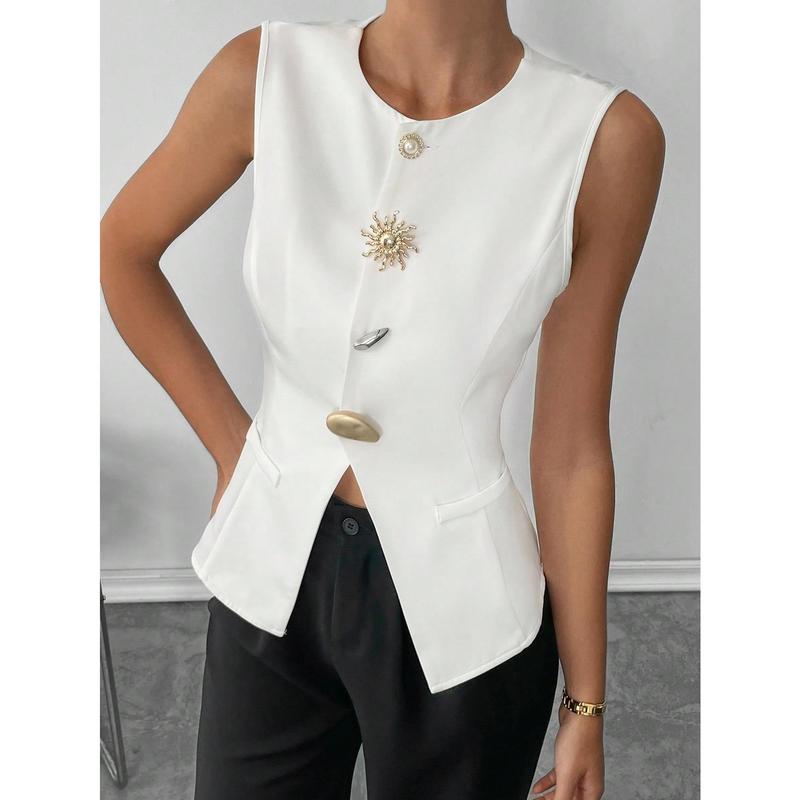 Siren Gaze Chalecos Para Mujer White Hardware Button A-Slit Vest Top Women's White Sleeveless Vest With Metal Buckle, Autumn 4