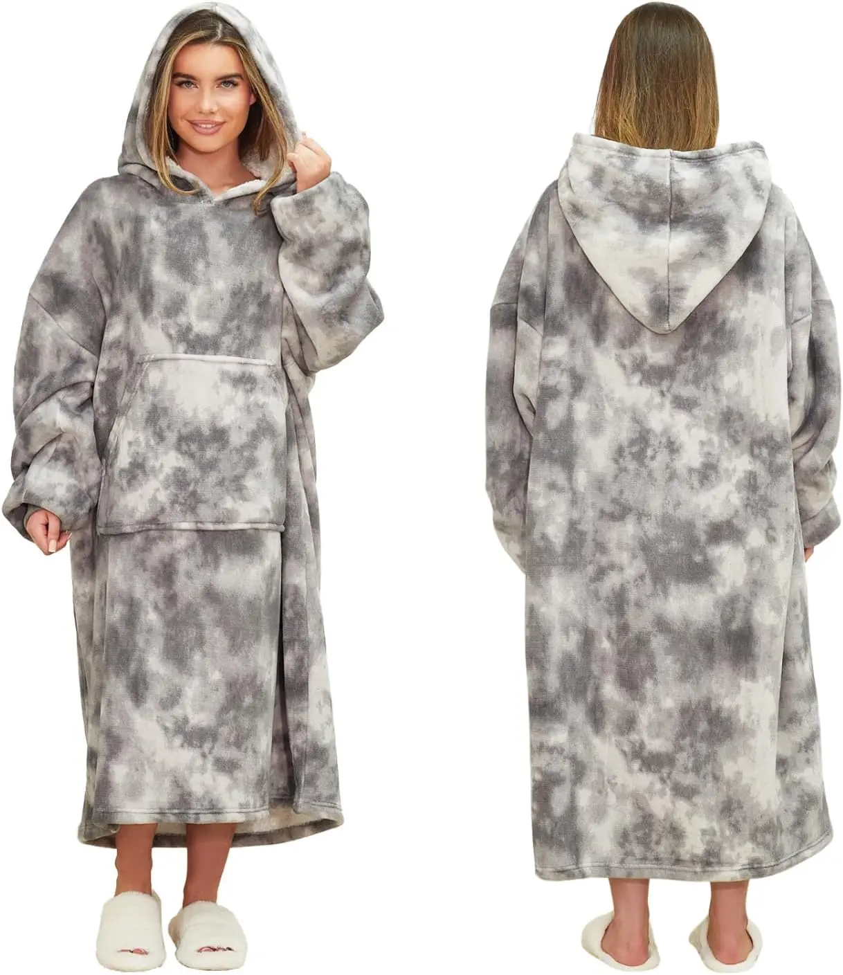 Extra-Long Tie Dye Oversized Hoodie Blanket Sweatshirt Soft Sherpa Fleece Throw Cosy Wearable Hooded Blanket Big Jumper - Charcoal, One Size Fits Most - Adults Teens Men Women Outdoor Overall