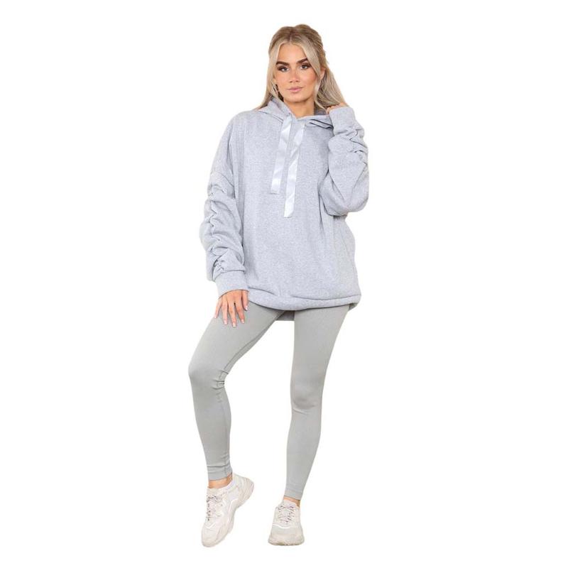 Womens Ruched Sleeve Oversized Hooded With Ribbon Ladies Sweatshirt Jumper Top 5