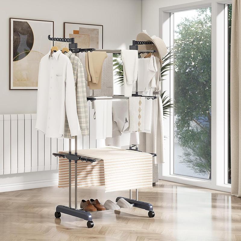 Trintion Clothes Drying Rack 3 Tier Adjustable Rolling Laundry Hanger with Foldable Wings Large Stainless Steel Garment Dryer with Casters for Outdoor Indoor 3