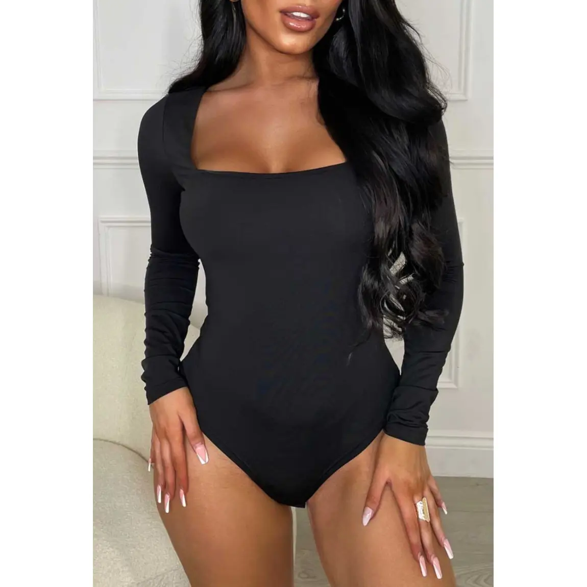 Girl Like Me Black Square Neck Long Sleeve Bodysuit