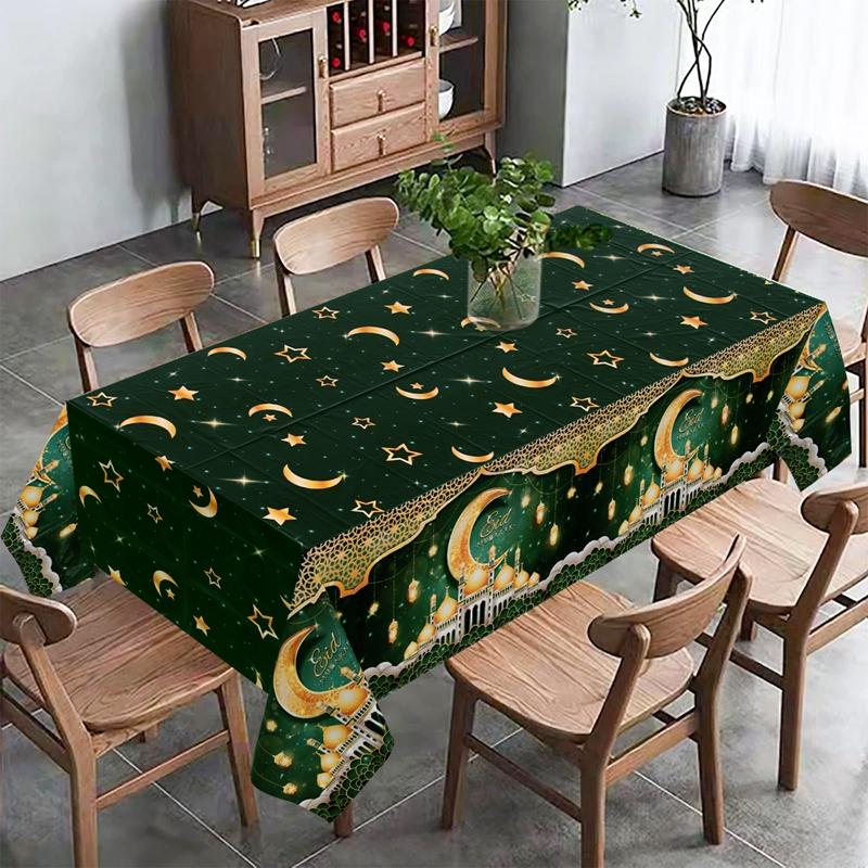 Product Introduction of Eid Mubarak 2  Pcs Star Moon Tablecloth Ramadan Kareem Decor for Home 2025 Islamic Muslim Party Eid Al Adha Supplies Castle Table Cover 14