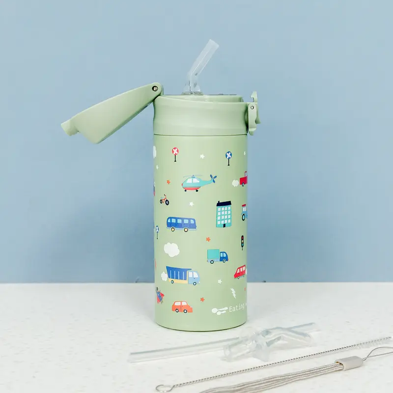 City Heroes 350ml Kids Stainless Steel Water Bottle green with lid 0