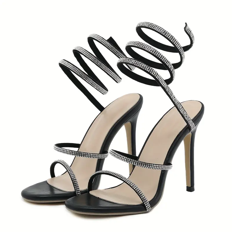 Women's Rhinestone Decor Sandals, Slip On Open Toe Stiletto Heel Ankle Strap Slides Shoes, Glitter Dress & Party Shoes 0