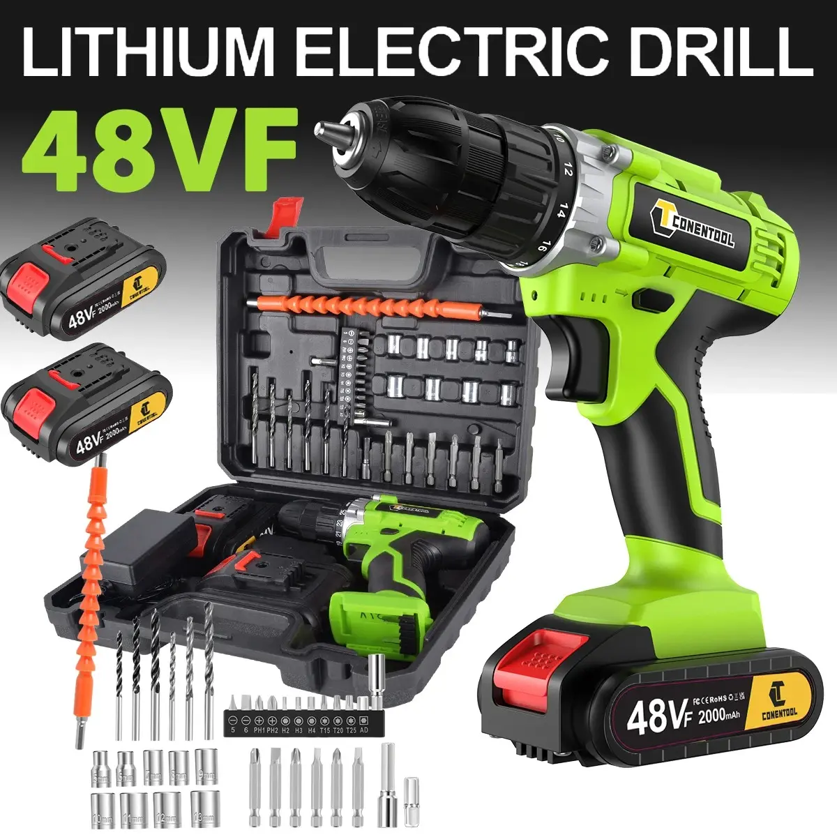 Electric Screwdriver 48V Lithium-Ion, 36Pcs Cordless Drill Driver Set, LED Work Light, Electric Drill Quick Changer+Battery Set