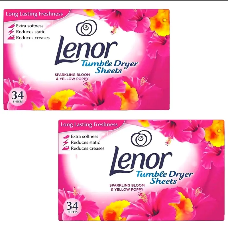 2 x Lenor Pink Blossom Tumble Dryer 34's Fabric Conditioner Sparkling & Yellow Poppy 0