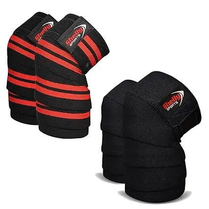 Shelly Knee Wraps for weight Lifting Powerlifting Squatting Knee Support CrossFit Knee Guard and Olympic Lifting four rubber Heavy Duty Elasticated Knee Bands for men and women (Black)