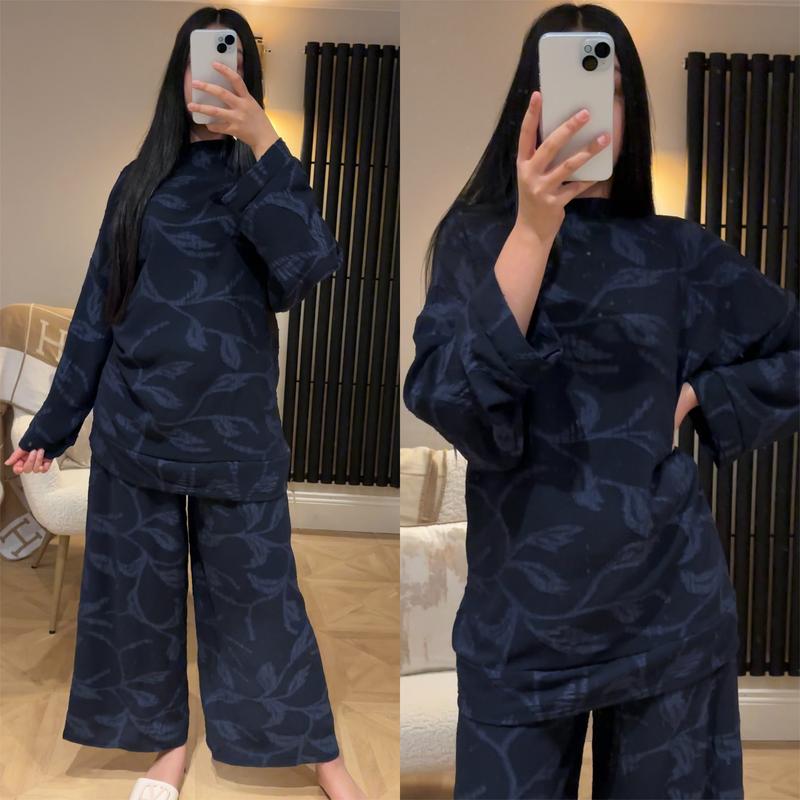 Product Introduction of Ladies Leaf Embroidered Two Piece Co-Ord Set Womens Floral Embossed Chic Elegance Crew Neck Top With Wide Leg Trousers Suit Womenswear Printed Modest Clothing Everyday Summer Vacation Wear Comfort Suit Long Sleeve 14