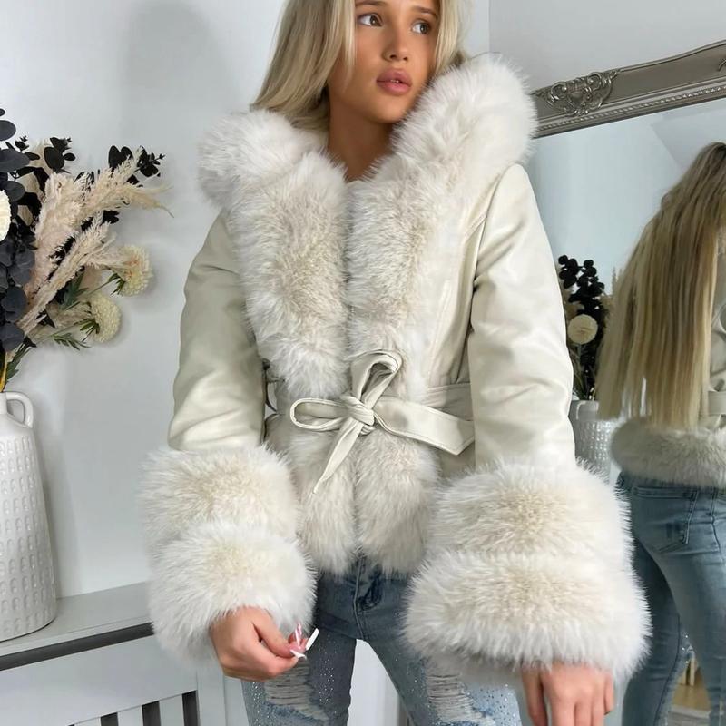 Dolcie Faux Fur Leather Look Tie Waist Jacket for Women - Coats - Womenswear Fit Fitted 0