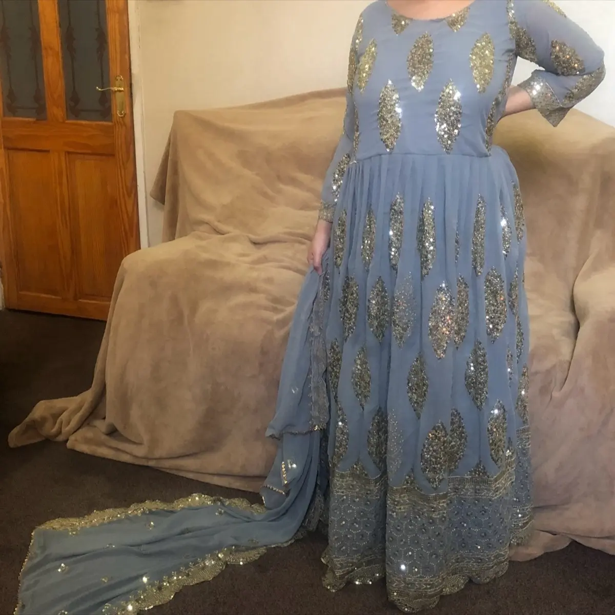 Uaboutique Grey Heavy Embellished Maxi Gown Suit - Medium or Large 42 Available - Womenswear