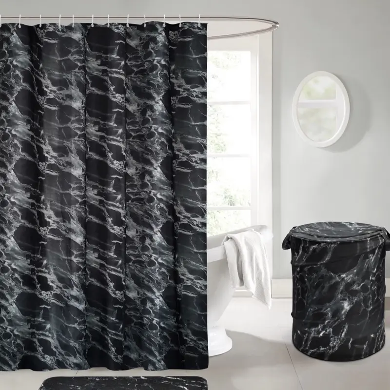 Marble Effect Shower Curtain Set With 12 Hooks Black 180x180cm Waterproof Shower Curtains Durable, Easy to Clean & Stylish or Marble Pop Up Laundry Basket ,53x36cm. Shower Curtain and Laundry Basket to be purchased separately.