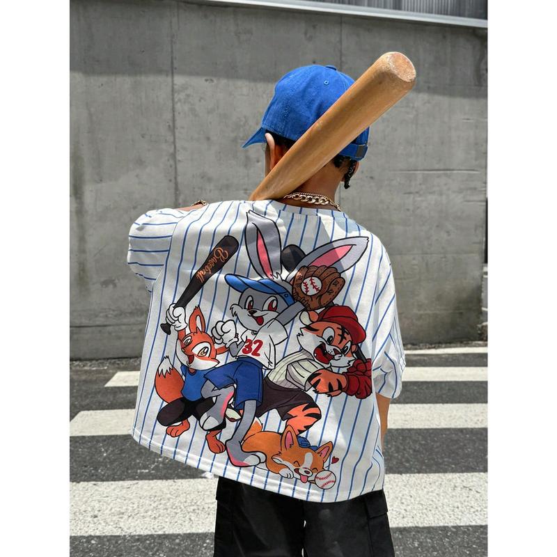 Young Boy 1pc Casual & Cute Vacation Cartoon Animal Group Print Ultra-Oversized Round Neck Drop Shoulder Short Sleeve White & Blue Striped T-Shirt, Suitable For Sports & Spring/Summer Seasons 6