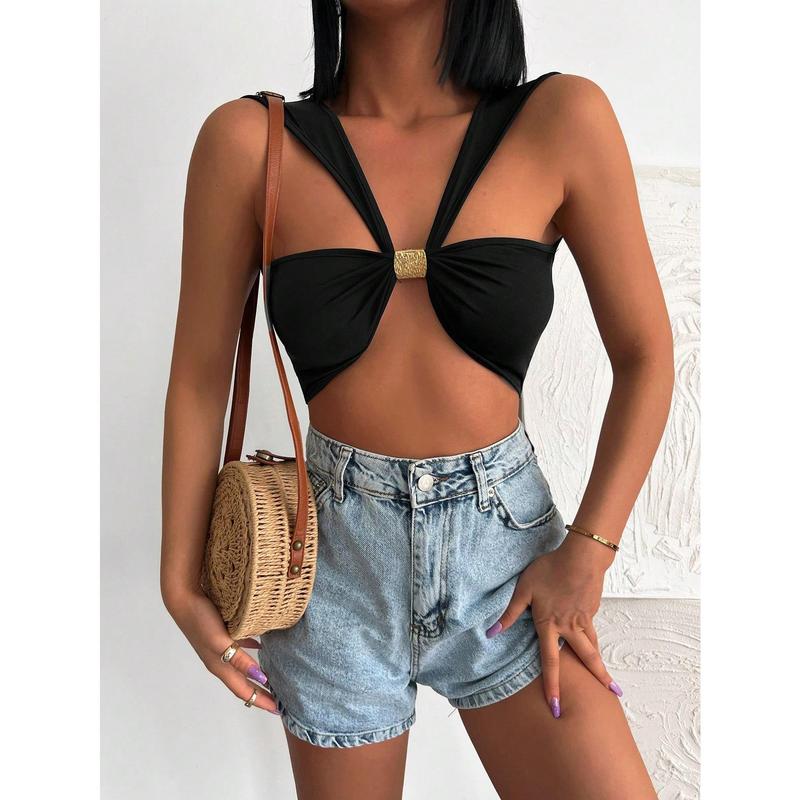 Solid Crop Tank Top[S12] basic  tops  women vest align casual  clothes slip plunge neck bodyless sleeve cold  shoulder  tops shirts  women sweater gilet Womenswear Comfort 0