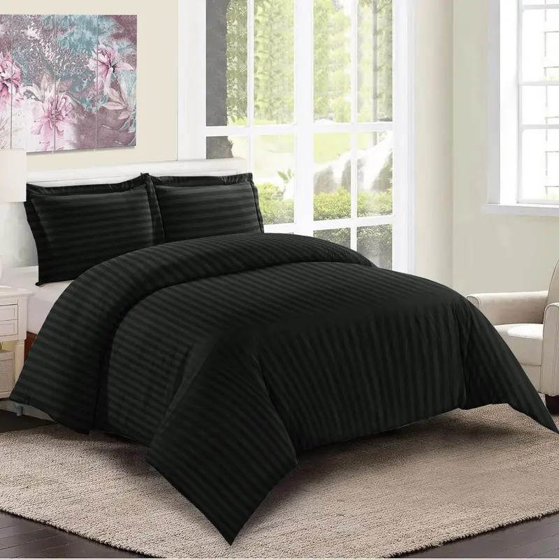 Satin Stripe Duvet Quilt Cover Bedding Set Single Double King Super-King Size W Pillowcases Microfiber Sleepdown Premium Hotel Quality Duvet Cover Set with Pillowcases Quilt Bedding Soft Easy Care Luxury Bed White Black Silver Cream Grey 3