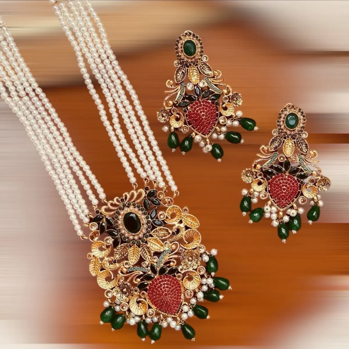 MINAL  nauratan mala necklace set with earring tikka