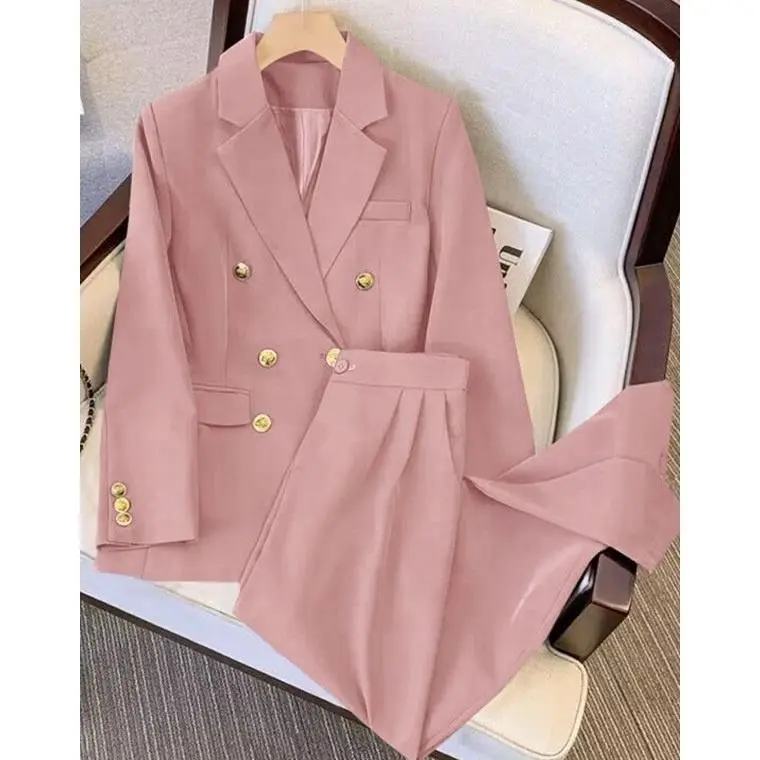 Fashionable Women Two Piece Set Coat + Pants Suits Solid Color Suit Coat Blazer Pants Set Spring Autumn Lady Office Casual Suits