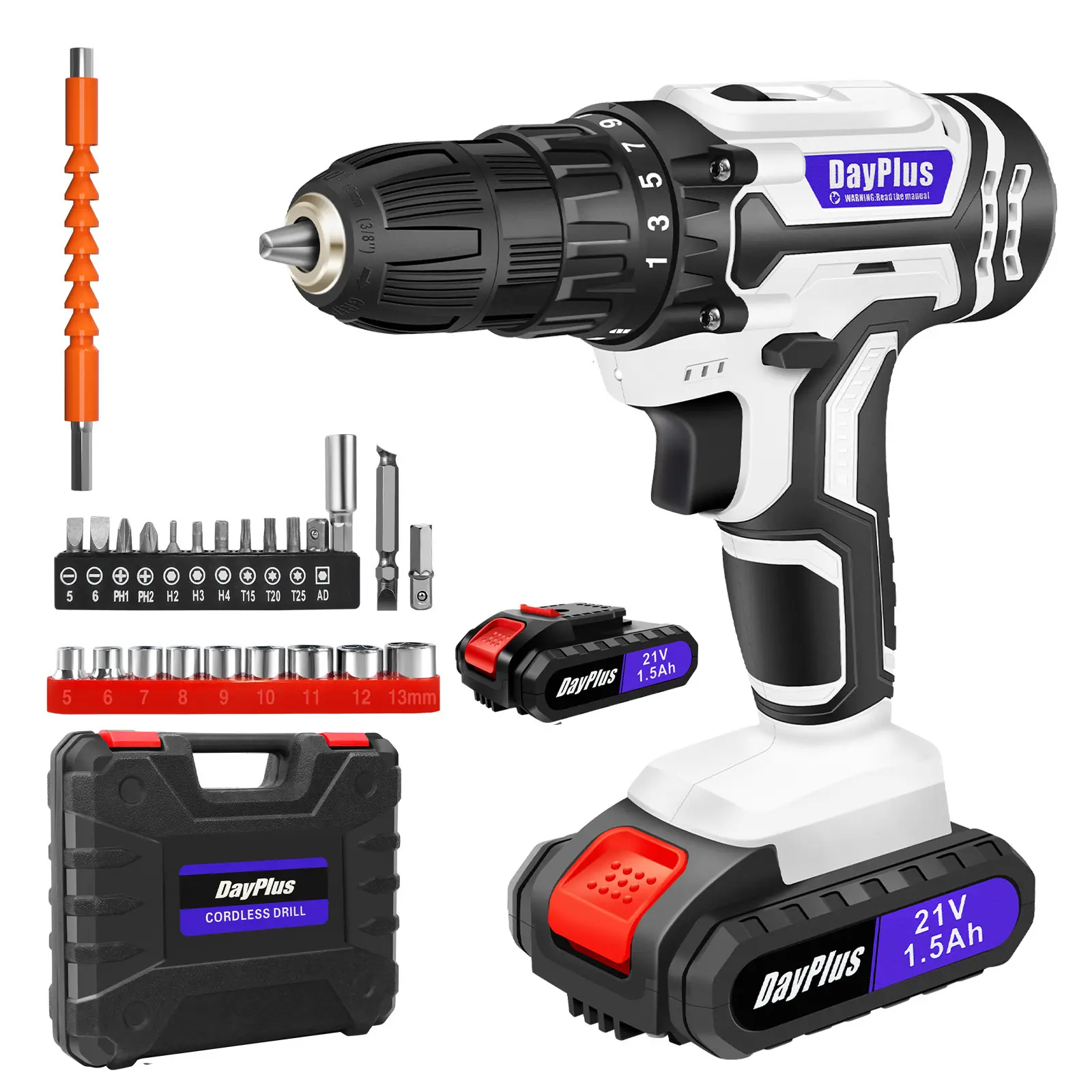 DayPlus Cordless Drill Driver Screwdriver 3/8 Inch Chuck with 2Pcs 1500mAh Li-ion Batteries, 45N.m, 25+1 Torque Setting 2 Variable Speed, LED Light, with 29Pcs Accessories and Storage Case