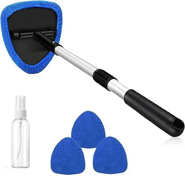 Windshield Cleaner Tool, Microfiber Car Window Cleaning Tool with Extendable Handle & 2 Cloth Pad Head, Auto Interior Exterior Glass Wiper Car Glass Cleaner Kit(Blue)