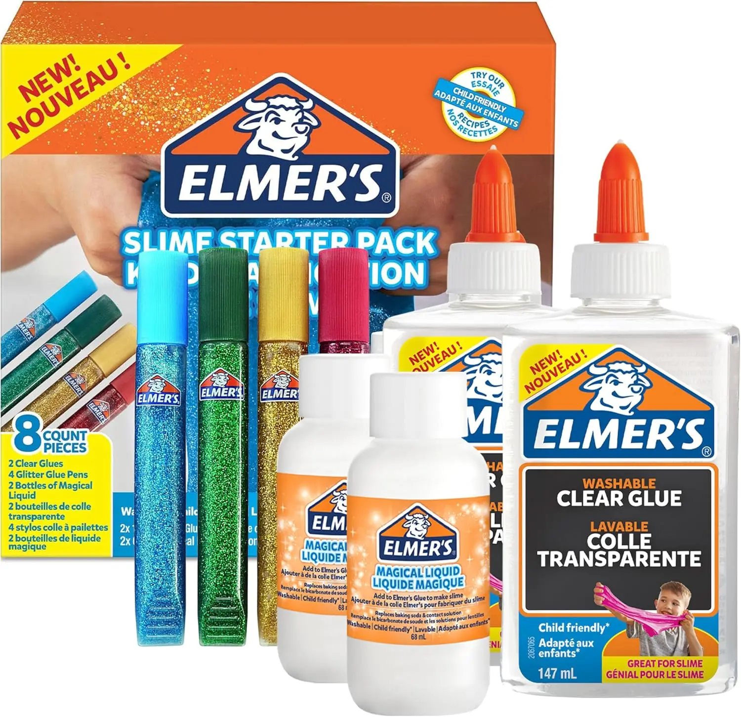 Elmer’s Glitter Slime Kit | Slime Supplies Include Clear PVA Glue, Glitter Glue Pens & Magical Liquid Slime Activator Solution | Washable & Kid Friendly Formula | 8 Count