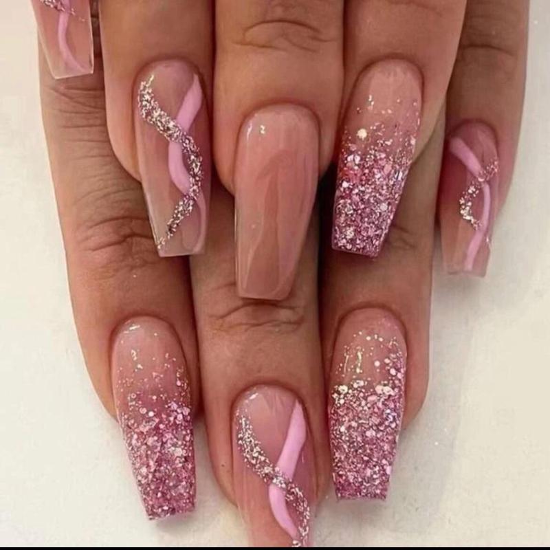 24pcs Long Coffin 3D Rhinestone Decor Fake Nail & 1pc Nail File & 1sheet Tape Nail Art Nail Care Nail Polish Polish Daily Gel Gift Halloween Nail Glue Salon 8