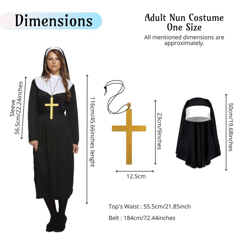 Adult Nun Costume + Monk Cross | Black Robe + Head piece(Veil) + Belt Halloween Fancy dress Accessory Religious Male Female Novelty Cosplay Props Hen Stag Party Outfit 1