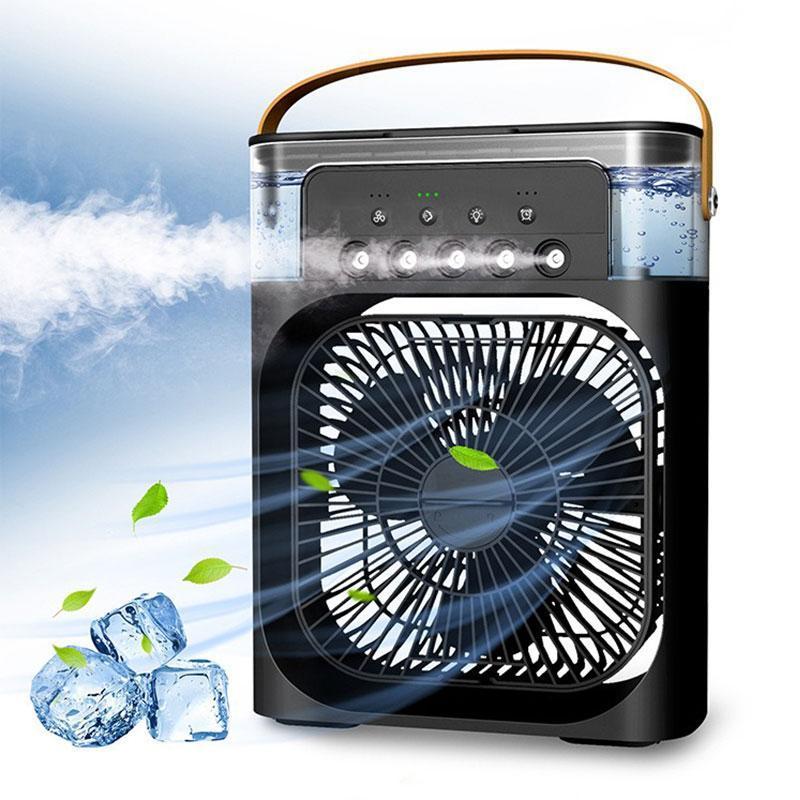 Product Introduction of USB Portable Fan with 7 Colors LED Light, 3 Wind Speeds & 3 Spray Modes for Bedroom, Nightstand, or Coffee Table 0