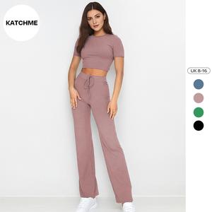 KatchMe Women's Casual Solid Color Round Neck Short Sleeve Crop Top & Drawstring Waist Wide Leg Trousers Co-ord, Versatile Pinstripe Two Piece Outfits