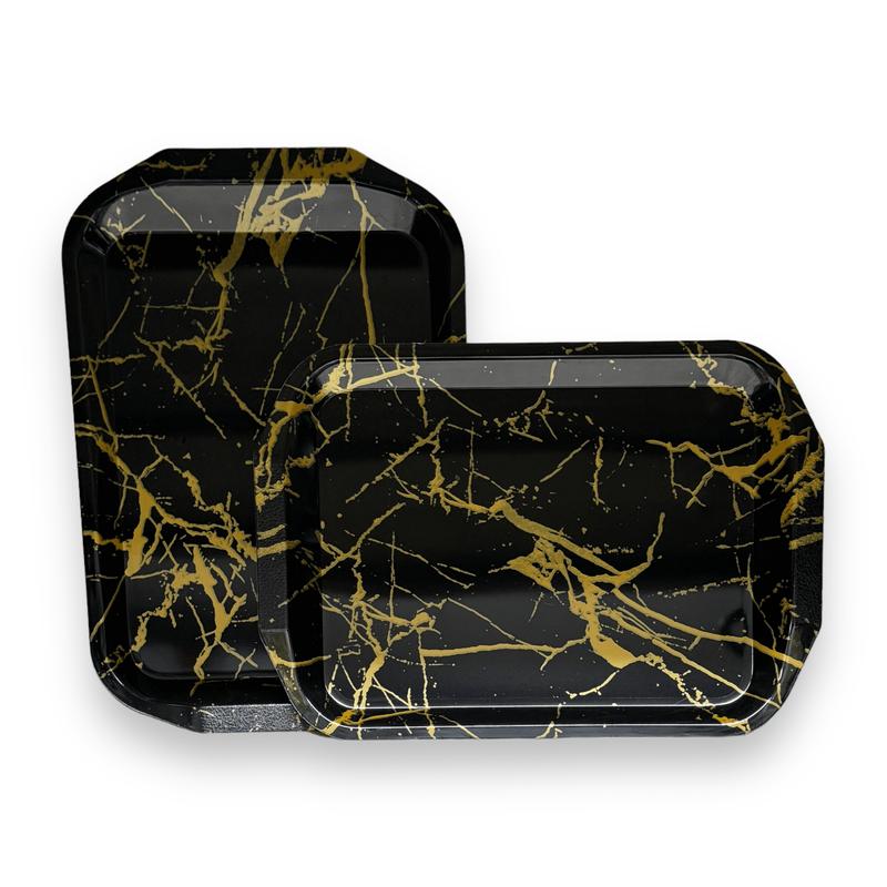 2Pc Large 40cm x 28cm Black & Gold Marble Design Plastic Serving Tray 0