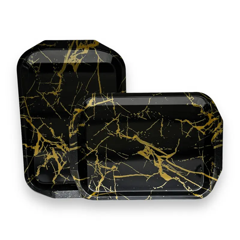 2Pc Large 40cm x 28cm Black & Gold Marble Design Plastic Serving Tray 0