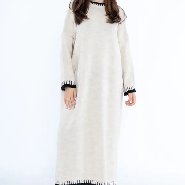 Contrast Trim Knitted Maxi Dress Casual Womenswear Comfort Long Sleeve