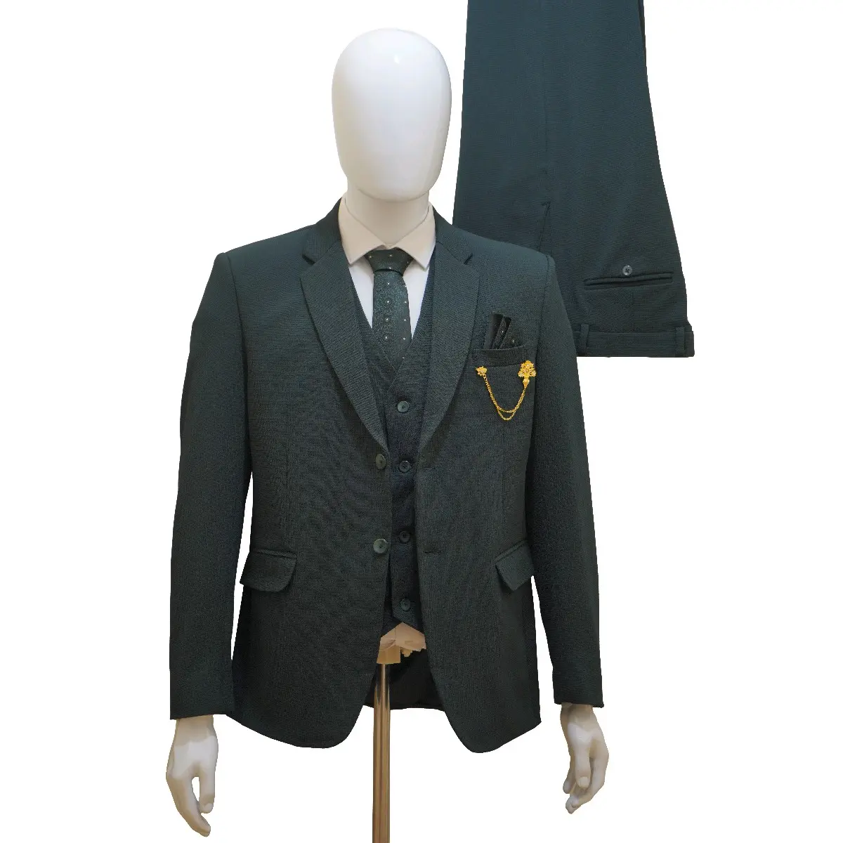 Men's Green Suit with Jacket, Waistcoat, Trousers, and Tie