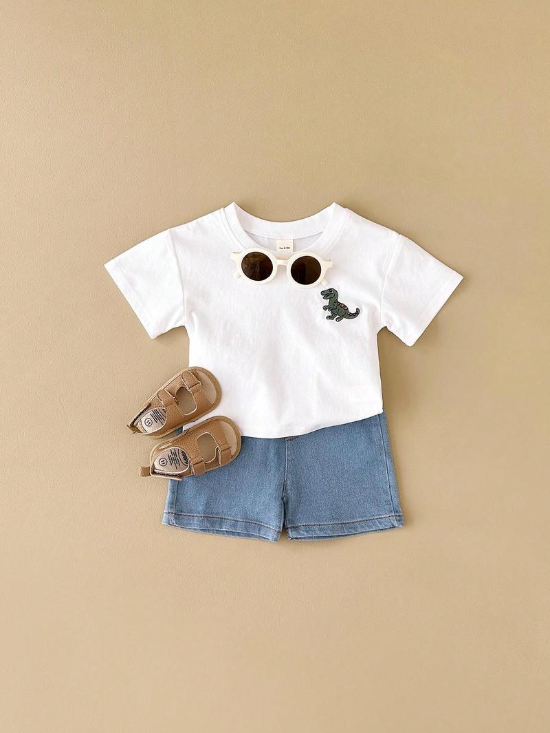 Product Introduction of 2pcs Baby Boys" And Girls" Casual Dinosaur Embroidery Elastic Short Sleeve T-Shirt + Shorts, Summer 19
