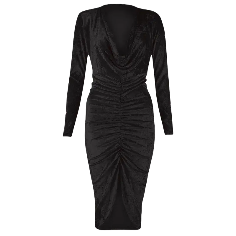 Women’s Bodycon Midi Dress Ladies Velvet Ruched Party Dresses Long Sleeve Cowl Neck Womens Event And Club Wear Plus Size UK 8-26 Formal Comfort Womenswear Fit Chic Formal Wear Elegance Elegant 1