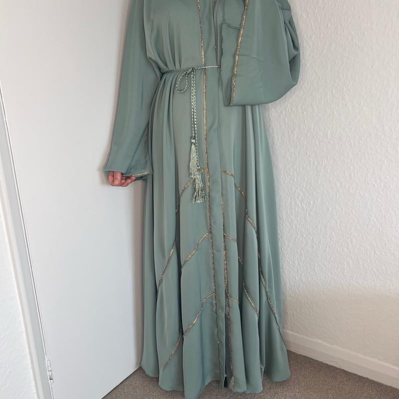 Ameerah Sage Green Abaya with Silver Diamanté Work party wear occasion Eid abayas classy 5