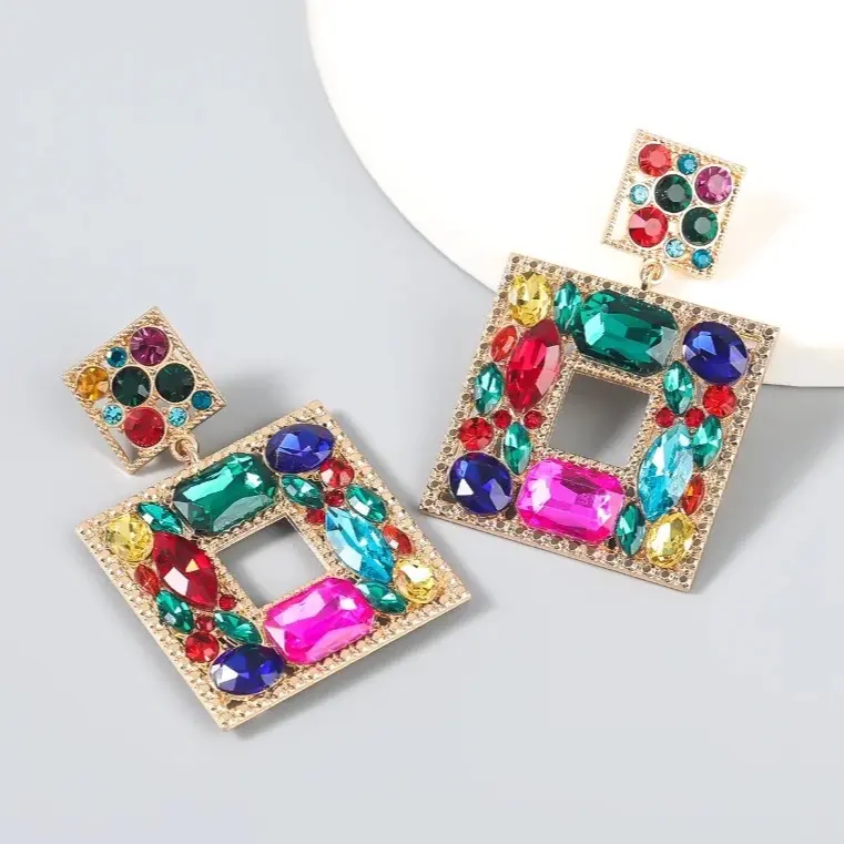 Ladies Rhinestone Square Pendant Earrings for Dinner and Wedding