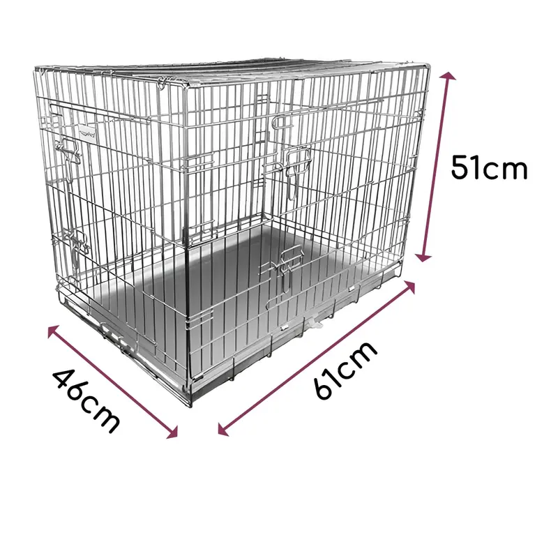 HugglePets Silver Metal Dog Puppy Cage Foldable Small 61cm Dual Door with Locks, Car Home and Travel Crate 1