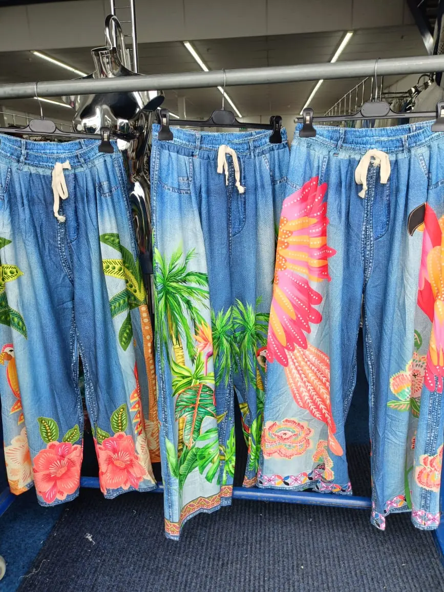 Ladies' Wide Leg Trousers - Denim Style Printed Palazzo Pants for Womenswear Casual Comfort