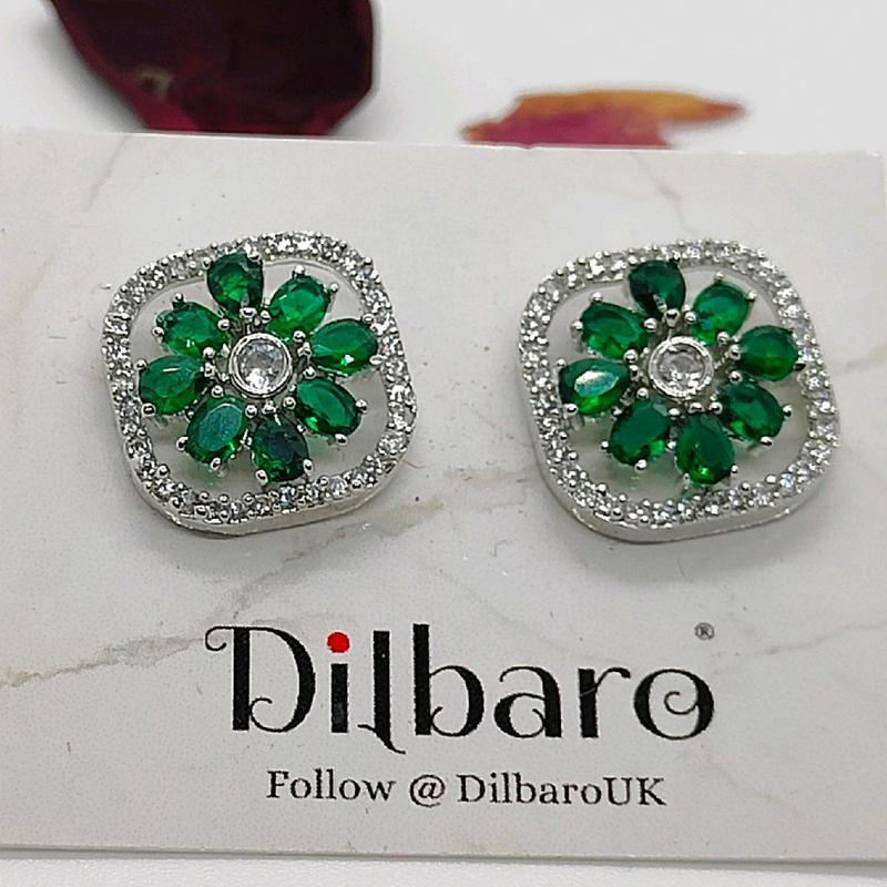 Dilbaro Silver Plated Zircon Stud Earrings AD Earrings AD Studs Premium Jewellery Green and Blue stone Ethnic Jewellery 1