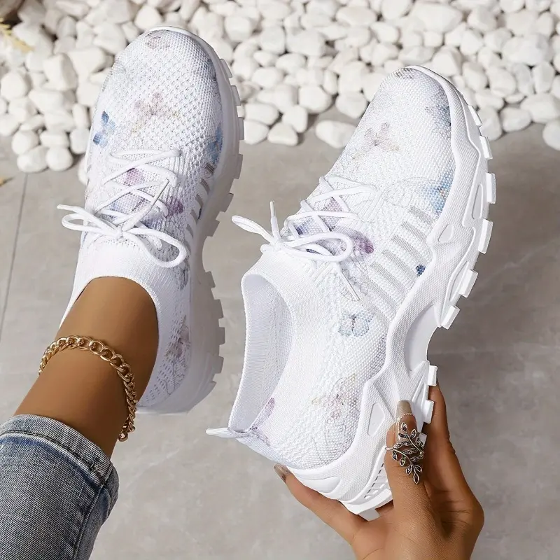 Women's Butterfly Pattern Sneakers, Casual Lace Up Outdoor Shoes, Breathable Knit Low Top Shoes plus size