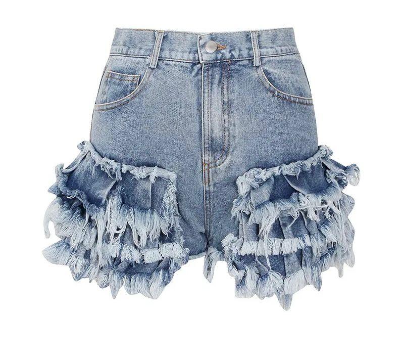 [IRIS ROSE BOUTIQUE] Petite Womenswear / Girlswear Distressed Ruffle Denim Shorts With Pockets , Casual Breathable Outfit 0