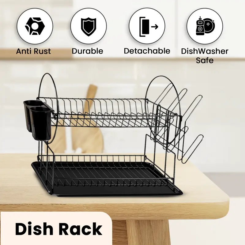 2 Tier Black Dish Drainer Rack with Drip Tray Stainless Steel Draining Dish drainer with Draining Board and Utensils Holder Dish Drying Rack for Small Kitchen Counter top Organiser draining rack Room Room 1