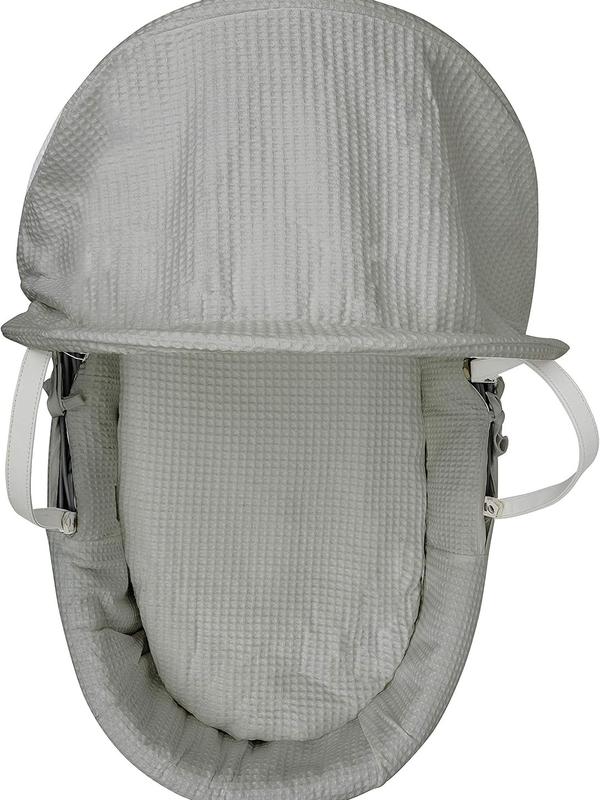 BABY Grey Waffle Grey Wicker Moses Basket with Chester Grey Rocking Stand, Adjustable Hood, Fibre Mattress & Padded Liner 1