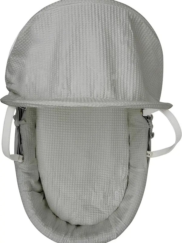 BABY Grey Waffle Grey Wicker Moses Basket with Chester Grey Rocking Stand, Adjustable Hood, Fibre Mattress & Padded Liner 1