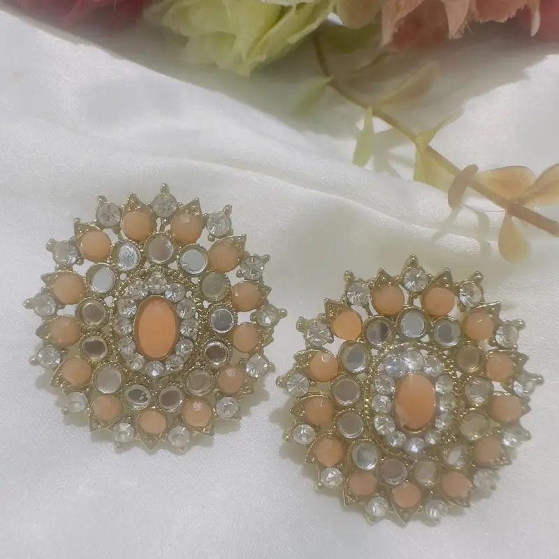 Elegant Pakistani mirror stone studs in peach and black with sliver 1
