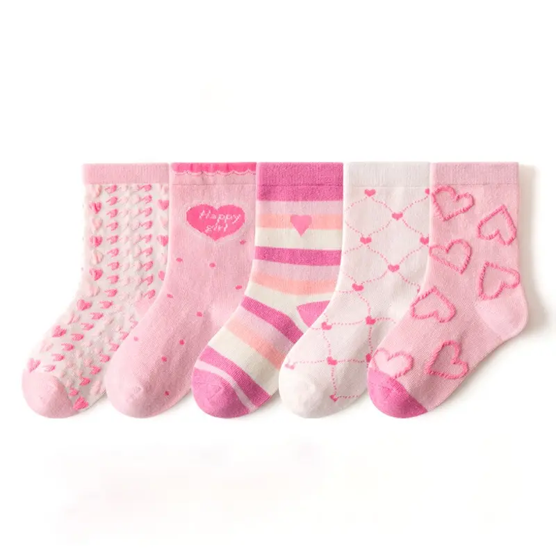 Adorable Baby Girls Pink White Hearts Cotton Socks - Soft Breathable Pink White Hearts Design Set of 5 or 10 Pairs - Age 1 to 8 Years Old