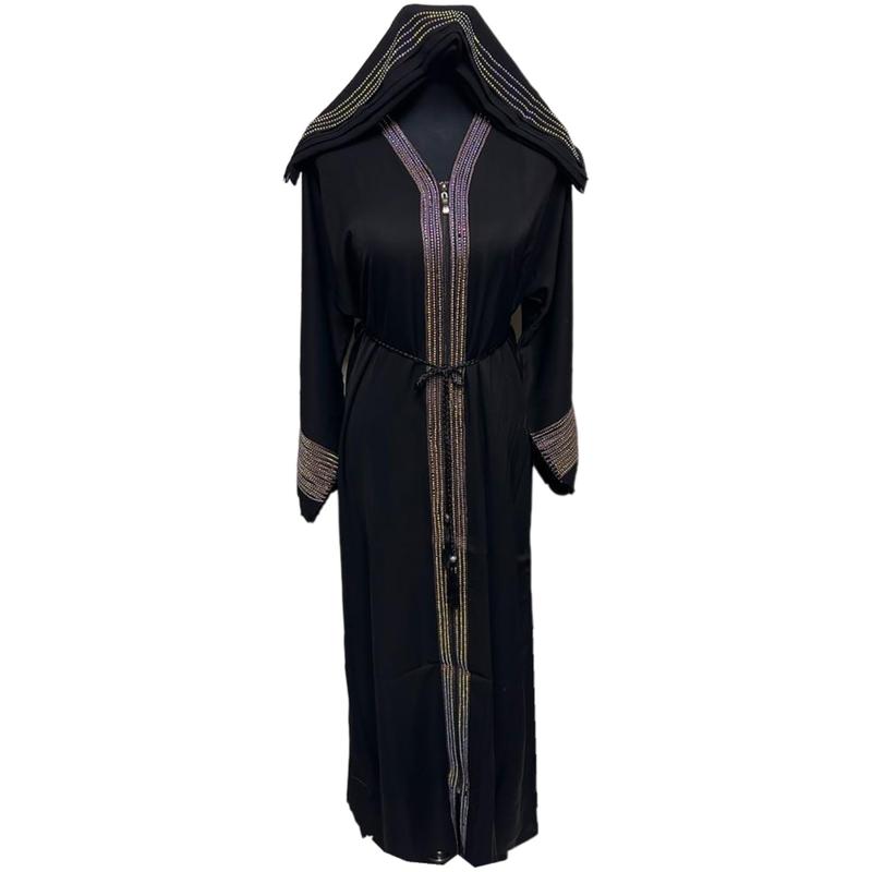 Black Modest Women Abaya Farasha Jalabiya Arab Dress With Stone Works 2