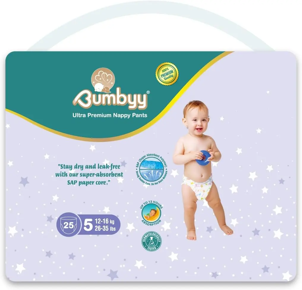 Bumbyy Premium Nappy Pants - Nappies Size 5 (12-16kg) - Ultra Absorbent SAP core for 12hr Leak Protection, Chemical Free, Dermatologically Tested, Soft & Thin Pull-Ups for Sensitive Skin - 25 Count