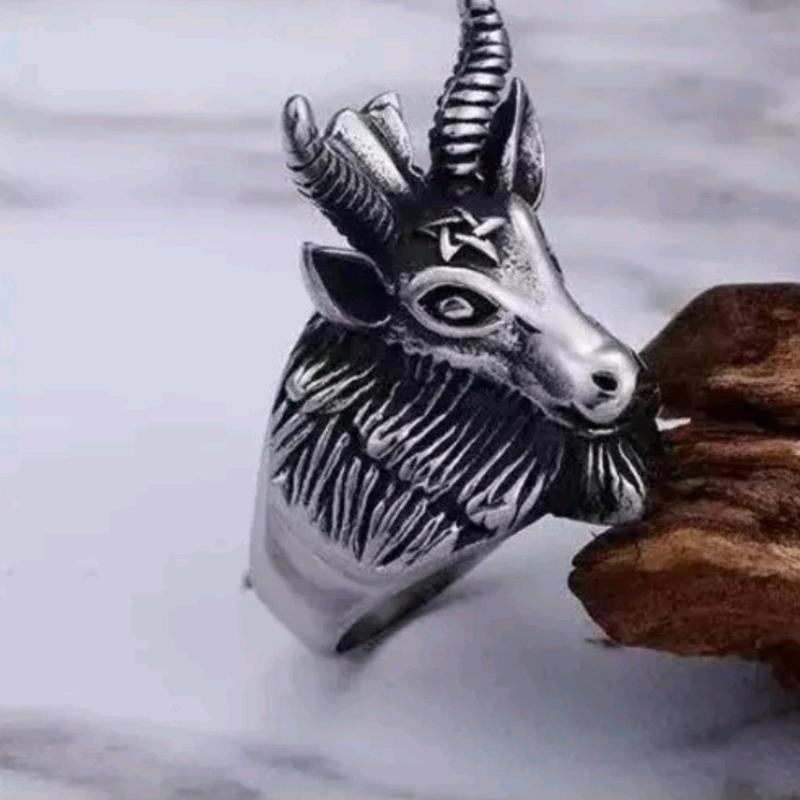 Baphomet Goat Head Black Death Satanic Pentagram Hornet Ram Retro Gothic Ring Male Anniversary Auspicious 2