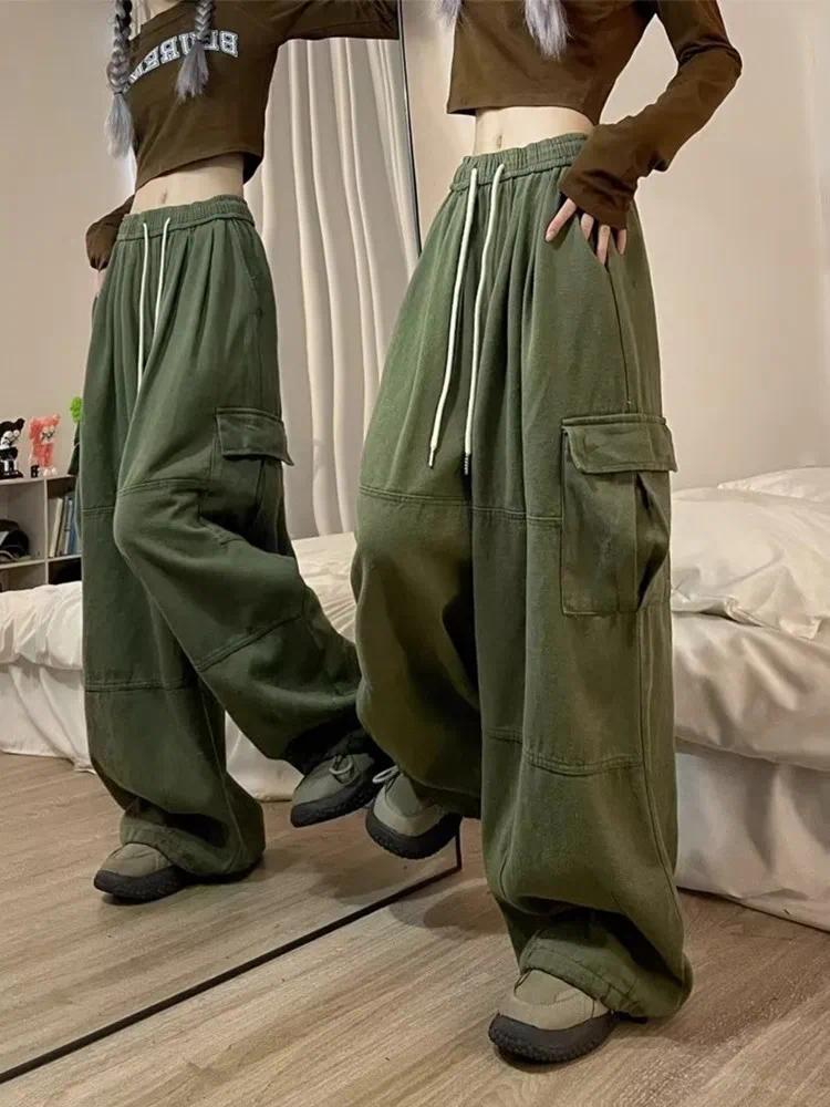Product Introduction of 2024 Korean Y2K Fashion Drawstring Casual Baggy Cargo Jeans Pants Women Clothing Straight Wide Leg Sweatpants Female Trousers 7
