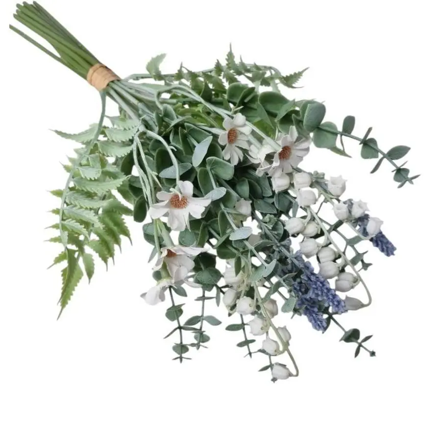 37cm Artificial foliage and wildflower bunch green white purple.  Display bouquet craft home decor vase filler faux fake flowers